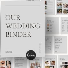 the wedding binder is shown with photos and text in black, white and grey