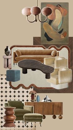 a collage of furniture and decor in various colors, shapes, and sizes is shown