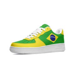 Extremely comfortable custom leather Brazil sneakers with design on both sides, Brazil flag green with yellow accents, and Brazil text on the tongues - Perfect shoes to match your jersey on gameday. These are awesome for any Brazil soccer fan! .: Made of leather .: Great quality! .: 3-13.5 US sizes .: Non-marking rubber outsole for traction and durability .: Perforated toe box provides breathability. .: Comfort and impact protection. I Can Ship Worldwide! ** Please allow 1-3 weeks for delivery Custom Leather Low-top Sneakers For Sports Events, Yellow Basketball Shoes For Sports With Round Toe, Yellow Basketball Shoes With Round Toe, Yellow Round Toe Basketball Shoes For Sports Events, Sporty Custom Sneakers With Rubber Sole For Sports Events, Sporty Custom Leather Sneakers For Sports Events, Yellow Sporty Sneakers For Sports Events, Sporty Yellow Sneakers For Sports Events, Team-colored Sneakers For Sports Events