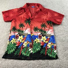 On Shore Aloha Hawaiian Shirt Large Red Button Up Lightweight Palm Trees. Red Collared Hawaiian Shirt For Beach, Red Collared Beach Shirt, Red Hawaiian Button-up Shirt For Vacation, Red Collared Hawaiian Top, Red Retro Beach Shirt, Retro Red Beach Shirt, Retro Red Vacation Shirt, Red Short Sleeve Beach Shirt, Red Graphic Print Button-up Top