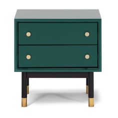 a green nightstand with two drawers and gold knobs on the bottom, against a white background