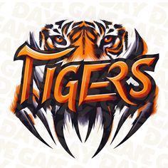 the word tigers with an image of a tiger's head in orange and black