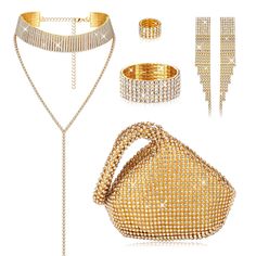 PRICES MAY VARY. You Will Receive: Women crystal rhinestone jewelry set, including 1 piece crystal choker necklace, 1 piece stretch rhinestone bracelet, 1 piece stretch rhinestone ring, 1 pair of dangle fringe earrings, 1 piece of rhinestone evening bag. Shining and delicate jewelry, complete set for meeting your daily and party matching demands. Bling Glitter Purse: The evening clutch bag is designed in a triangle shape, glitter rhinestones on the outside, and the inner material is soft and smo Bling Purses, Glitter Purse, Earrings Triangle, Rhinestone Jewelry Set, Rhinestone Choker Necklace, Crystal Choker Necklace, Crystal Jewelry Sets, Gold Jewelry Sets, Rhinestone Choker