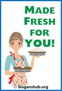 a woman holding a tray with food on it and the words made fresh for you