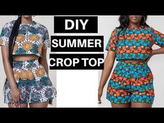 two women wearing crop tops and shorts with the words diy summer crop top on them