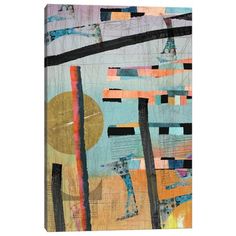 an abstract painting with different colors and shapes on it's canvas, including trees