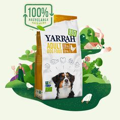 a bag of yarrah adult dog food with an image of a dog in the background