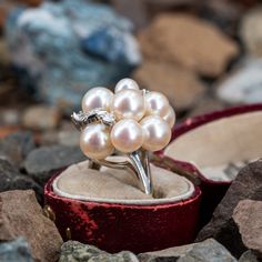 This prominent cluster style ring is accented with nine (9), post set, cultured saltwater pearls, three (3), prong set, round brilliant cut diamonds and four (4), bead set, round single cut diamonds. The ring measures 21.9mm at the top, rises 14.5mm above the finger, tapering to 1.7mm wide and 1.1mm thick at the base of the shank. This ring is currently a size 5.25. Elegant Diamond White Multi-stone Cluster Ring, Multi-stone Diamond Pearl Ring For Wedding, Heirloom Multi-stone Pearl Ring For Wedding, Heirloom Multi-stone Pearl Wedding Ring, Elegant Multi-stone Cluster Ring In Round Cut, Elegant Multi-stone Cluster Ring In White Gold, Elegant Multi-stone Cluster Ring With Round Cut, Elegant Multi-stone Cluster Ring, Elegant White Gold Multi-stone Cluster Ring