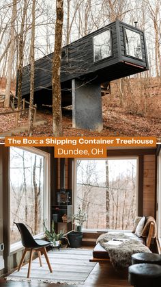 the box shipping container treehouse has been built into the ground