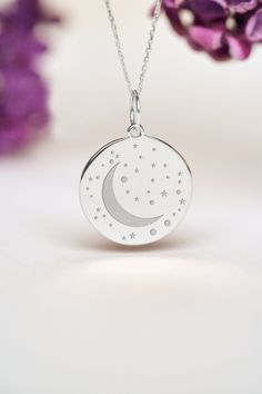 Moon and Stars Necklace can be personalized with a custom engraving on the back of the pendant. It's a very nice gift for Birthdays, Anniversaries and Weddings. Moon represents calmness, beauty and nurturing. ● STERLING SILVER ● FREE BACK SIDE PERSONALIZATION ● FREE SHIPPING ( 1-3 DAYS DELIVERY) ● Inner diameter of the jump ring is 4mm ● Pendant thickness is 0.5mm 🇺🇸 All items are HANDMADE IN USA 🇺🇸 All materials are sourced from USA ● Chain Length Options    - Without Chain    - 40 cm / 16 inches    - 45 cm / 18 inches    - 50 cm / 20 inches ● Pendant Size Options    - 14  mm  / 0.55 Inches diameter    - 15.3mm / 0.6 Inches diameter    - 16.5mm / 0.65 Inches diameter    - 19   mm / 0.75 Inches diameter ● The size of the pendant in the photos is 14mm / 0.55 inches ● PACKAGING  All item Moon Phase Star Charm Necklaces As Gift, Personalized Silver Celestial Necklace, Celestial Engraved Round Pendant Charm Necklaces, White Gold Necklace With Star Charm, Silver Round Charm Necklace With Laser Engraving, Silver Laser Engraved Charm Necklace, Silver Round Laser Engraved Charm Necklace, Round Silver Laser Engraved Charm Necklace, Moon And Stars Necklace