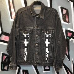 Custom black denim jacket Size mens medium Black Denim Jacket With Pockets For Streetwear, Black Denim Jacket For Streetwear In Spring, Black Denim Jacket For Spring Streetwear, Urban Style Washed Black Denim Jacket For Streetwear, Black Cotton Urban Denim Jacket, Urban Black Cotton Denim Jacket, Vintage Black Denim Jacket, Vintage Black Fitted Denim Jacket, Vintage Fitted Black Denim Jacket