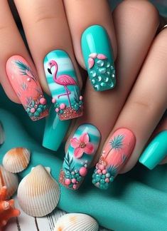 Nail Design Gold, Flamingo Nails, Tropical Nails, Colorful Nail Art, Colorful Nail, Purple Nail, Vacation Nails, Jordans Women