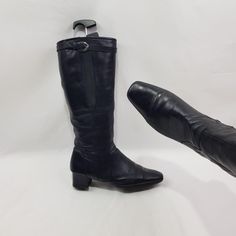 We present to your attention black leather boots with square toe. They are made of genuine leather on the outside and inside. These vintage knee-length boots with de big heel, will make you stand out at any event. The soft leather makes them very comfortable. Thanks to the elastic at the top, it fits the shin well. One of a kind, in good condition. Additional photos can be sent upon request. Materials: leather The circumference calf width: 15 -15,5 Inches. Heel height: 1,5 Inches. Boots height w Fitted Mid-calf Boots For Formal Occasions, Formal Mid-calf Boots, Formal Snug-fit Mid-calf Boots, Formal Fitted Mid-calf Boots, Fitted Leather Mid-calf Heeled Boots, Fitted Leather Mid-calf Boots, Formal Fitted Mid-calf Boots With Low Heel, Black Fitted Mid-calf Boots With Low Heel, Fitted Black Mid-calf Boots With Low Heel