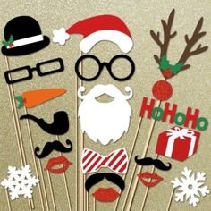 christmas photo booth props with santa hats and mustaches