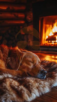 a dog is sleeping in front of a fire place with his head on the fur