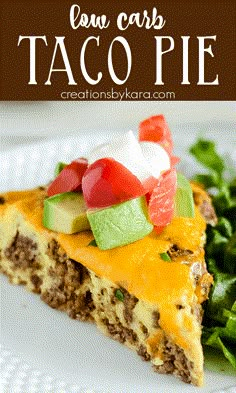 a piece of low carb taco pie on a white plate with fresh greens