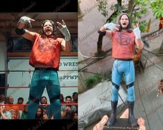 two pictures of the same action figure, one with his hands in the air and another with his mouth open