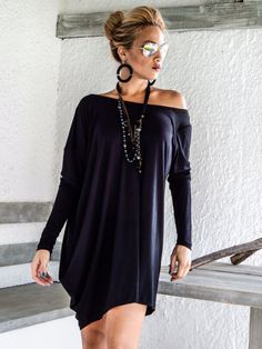 "Black Asymmetric Dress Tunic / Top Tunic / Plus Size Dress / Asymmetric Top / Dress Tunic / Women Top / Black Tunic / Oversize Dress #35052 This elegant and comfortable dress - tunic is a \"turn around\" creation. it looks as stunning with a pair of heels as it does with flats. You can wear it as a blouse with pants, as a dress for a special occasion or it can be your everyday comfortable dress. SEE COLOR CHART HERE : https://www.etsy.com/listing/235259897/viscose-color-chart?ref=shop_home_acti Casual Asymmetrical Mini Dress For Fall, Bohemian Asymmetrical Fall Dresses, Casual Asymmetrical Dress For Evening, Casual Evening Asymmetrical Dress, Flowy Asymmetrical Hem Dress For Fall, Casual Black One-shoulder Dress, Black Dress With Asymmetrical Neckline For Fall, Oversized Dresses With Asymmetrical Hem For Fall, Black Asymmetrical Dress For Fall