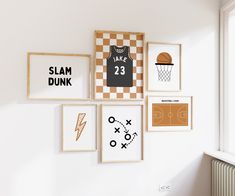 there are many framed sports items hanging on the wall in this room, including basketball jerseys