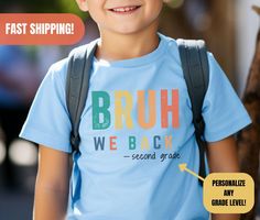 This Personalized Funny Back to School Shirt which says, "Bruh We Back, is the perfect First Day of School tshirt for both teachers and students.  It will make a great Funny Teacher t-shirt Gift with it's Retro rainbow design for all grade levels.  Make it custom for your grade level, including Kindergarten, first grade, second grade, third grade, fourth grade, fifth grade, sixth grade, seventh grade, eighth grade, middle school, high school, teacher teams, and more! Click the link for Matching First Day Of School Shirt, Teacher Team, We Back, Kids Tshirt, Seventh Grade, Teacher Mom, School Tees, Eighth Grade, 1st Day Of School