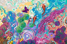 an abstract painting with water lilies and butterflies