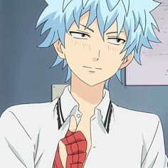 an anime character with blue hair wearing a white shirt and red tie, looking at the camera