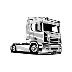 a black and white drawing of a semi - truck on a plain background with the hood down