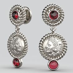 Discover our exquisite Made in Italy Dangle Earrings, crafted with meticulous artistry in either 14k or 18k gold and adorned with stunning natural Garnet cabochons ( 4 mm). Inspired by the grandeur of ancient Greece, these earrings feature a captivating reproduction of an ancient Greek coin, portraying the heroic Head of Herakles proudly donning the iconic lion skin. 14k or 18k gold Made in Italy Length 32 mm, Width 14 mm Luxury Gemstone Earrings For Formal Occasions, Luxury Gemstone Earrings For Formal Events, Luxury White Gold Jewelry With Matching Earrings, Luxury Pierced Sterling Silver Jewelry, Luxury Round Pierced Earrings, Elegant White Gold Pendant Earrings, Luxury Dangle Jewelry For Formal Occasions, Timeless Gemstone Earrings For Formal Occasions, Luxury Sterling Silver Earrings For Gift