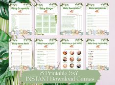 baby shower game printables with green leaves and greenery in the background, including 8