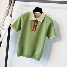 Polo Collar Buttons Knitted Shirt – Tomscloth Green Knit Collared Tops, White Knit Collared Top, Green Collared Knit Top, Casual Knit Tops With Collar, Retro Short Sleeve Knit Tops, Retro Knit Short Sleeve Tops, Green Knit Short Sleeve T-shirt, Collared Knit Tops With Buttons, Green Short Sleeve Cotton Knit Top