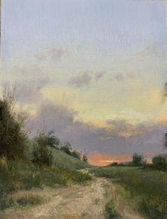 an oil painting of a dirt road with trees and grass in the background at sunset