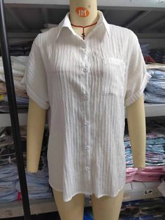 Women's Casual Shirt Short Sleeve Lapel Pleated Blouses Summer Cotton Office Tops, Summer Office Cotton Tops, Summer Cotton Top For Office, Plain Collared Tops For Spring, Plain Collared Blouse For Spring, Collared Plain Summer Blouse, Cotton Short Sleeve Office Tops, Casual Short Sleeve Office Top, Cotton Short Sleeve Tops For Office