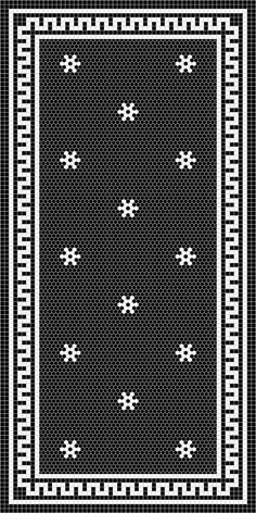 a black and white rug with an ornamental design on it's border, in the middle