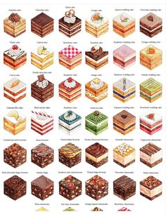 different types of desserts are shown in this illustration, with the names and colors