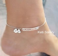 Personalize this cute bar anklet with your desired special date and engraved family initials on heart charms. Create a special gift for your loved one. Custom jewelry is great gift for any occasion. Great idea for gift giving. Bracelet can be made in Sterling Silver or solid gold. Metal options: * Sterling silver * Sterling silver with yellow gold overlay. * Sterling silver with rose gold overlay. * 14K yellow gold Filled * 14K Rose Gold Filled * 10K Solid Gold (Yellow, Rose or White) * 14K Soli Baddie Jewelry, Diamond Anklet, Anklet Designs, Ankle Jewelry, Engraved Initials, Sterling Silver Initial, Ankle Chain, Irish Jewelry, Gold Overlay