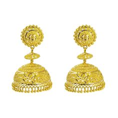 22K Yellow Gold Jhumki Earrings W/ Textured Design & Round Petaled Pendant - Virani Jewelers Jhumki Earrings, Pendant For Women, Textured Design, Touch Of Gold, Yellow Gold Earring, Lovely Earrings, Gold Earrings, Solid Gold, Yellow Gold