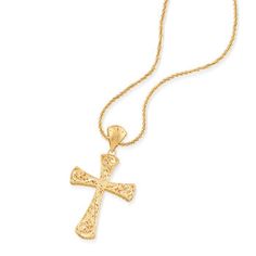 Ross-Simons - Italian 18kt Gold Over Sterling Filigree Cross Pendant. This cross pendant from Italy offers an ornate presentation of the meaningful religious symbol in 18kt yellow gold over sterling silver. A diamond-cut finish adds a subtle shimmer to the elaborate filigree design. Single bale fits chain up to a 3mm, sold separately. 18kt yellow gold over sterling silver cross pendant. Sterling Silver Cross Pendant, Religious Symbols, Silver Cross Pendant, Filigree Design, Sterling Silver Cross, Silver Cross, Diamond Cut, Cross Pendant, Diamond Cuts