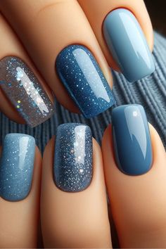 Winter Rainbow Nails, Blue Skittle Nails, Simple Holiday Nail Art, Winter Manicure Short Nails, Cute Nails For January 2024, Blue New Year Nails, Blue Winter Nails Square, Dark Blue And Red Nails, Basic Winter Nails Simple