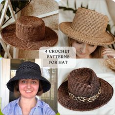 This is a description of four types of hats created by me - Marina Aleksina. Knit your own hats and rest assured knowing you're protected from harmful UV rays while maintaining a trendy and timeless look. Whether it's a beach day, a festival adventure or a casual outing, the cap will elevate your play style to new heights. Experience the versatility and comfort of this iconic accessory and make a statement wherever you go. Take charge of your choice of clothing and let Panama be your companion o Crochet Sun Hat Pattern, Summer Hat Pattern, Sun Hat Pattern, Raffia Bucket Hat, Panama Hat Women, Crochet Hat Tutorial, Crochet Sun, Bucket Hat Summer, Crochet Sun Hat