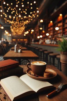 an open book and cup of coffee sit on a table in a restaurant with lights hanging from the ceiling