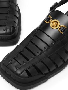 Versace Medusa '95 Caged Leather Sandals - Farfetch Versace Slides, Latest Sandal, Square Toe Shoes, Versace Gold, Fisherman Sandals, Caged Sandals, Leather Thong Sandals, Brown Leather Sandals, Design Square