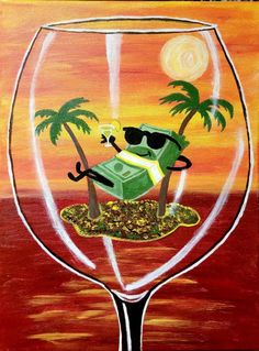 a painting of a glass filled with money and palm trees