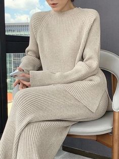 Long Sleeve Casual Crew Neck Loose Sweater | stylewe Split Side Sweater, Hijabi Styles, Eco Dresses, Urban Sweater, Wide Leg Pant Suit, Plus Size Pullover, Anniversary Greetings, Plus Size Fall, Exclusive Clothing