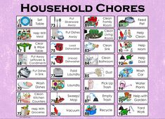 the household chores chart is shown in purple and white with black lettering on it, which includes