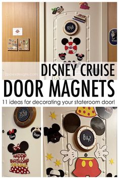 the door is decorated with mickey mouse magnets