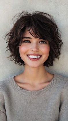 Cute Short Wavy Haircuts, Short Dark Wavy Hair, Short Messy Bob Choppy Layers Thick Hair, Short Shag Bob With Bangs, Irish Curls, Textured Bob With Curtain Bangs, Short Layered Hair Styles, Chin Length Shag, Short Hair Shag