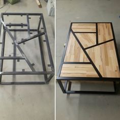 two tables made out of wood and metal are shown in the process of being assembled