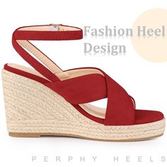 Every girl needs a versatile pair of wedges in her closet, and these beauties are a must-have! Featuring a stylish slingback ankle strap and an espadrille platform heel, they effortlessly add comfort to your everyday look. The cross-strap design perfectly complements your favorite denim jeans, shorts, skirts, and casual wear, making them a go-to choice for any occasion. Plus, they're made with a soft faux suede vamp, durable TPR outsole, and a comfortable Espadrille+EVA heel, ensuring long-lasti Trendy Slingback Wedge Sandals For Spring, Trendy Closed Toe Wedge Sandals With Wrapped Heel, Trendy Adjustable High Heel Wedge Sandals, Red Wedge Sandals With Heel Strap For Beach, Trendy Wedge Sandals With Wrapped Heel And Round Toe, Trendy Adjustable Flat Heel Wedge Sandals, Spring Adjustable Slingback Wedge Sandals, Adjustable Slingback Wedge Sandals For Spring, Red Wedge Sandals With Heel And Ankle Strap