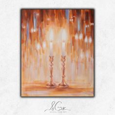 a painting of two candles on a table