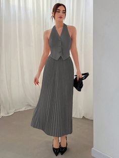 Grey Elegant Collar   Plain  Embellished Non-Stretch  Women Clothing Sleeveless Top Outfit, Aw 2024, Pleated Skirt Set, Skirt Styles, Preppy Women, Belted Sweater, Office Wear Women, Sleeveless Tops Summer, Pleated Long Skirt